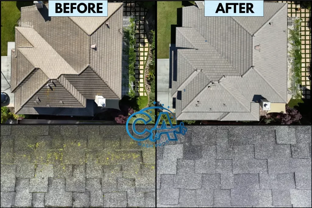 Professional roof cleaning service by CA Wash Pros for home insurance reinstatement.