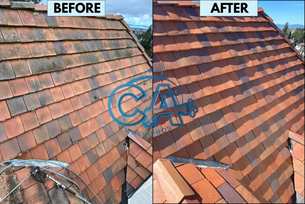 Before and after results of tile roof cleaning by CA Wash Pros in San Jose, California.