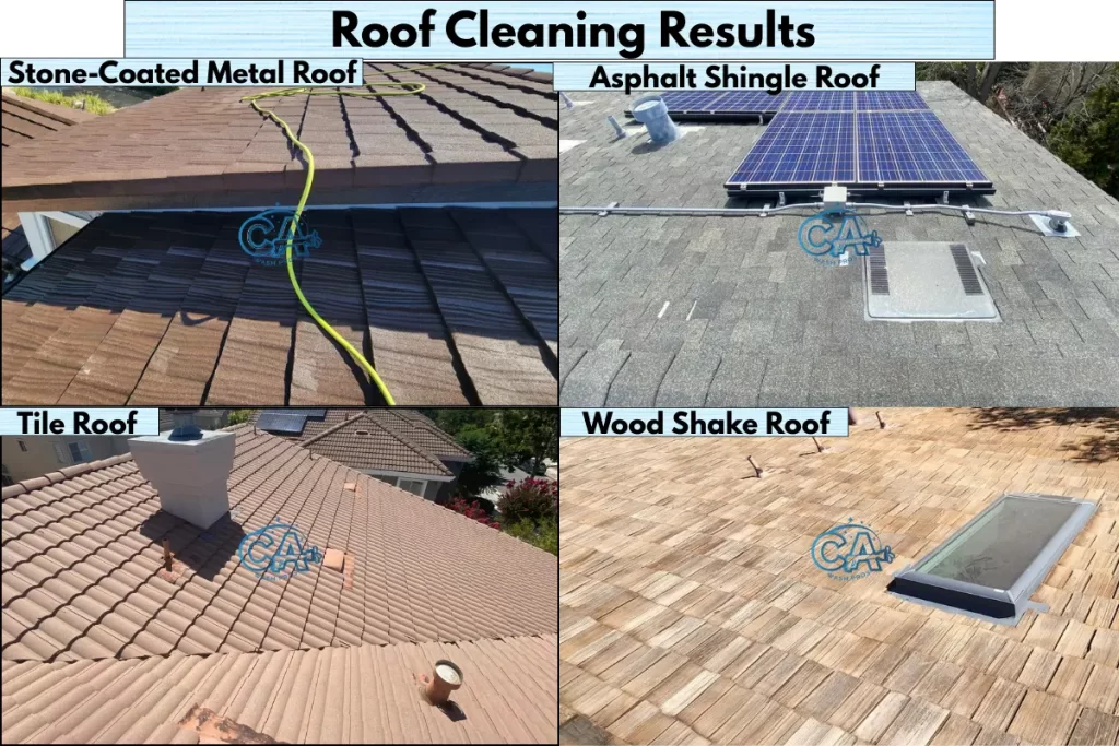 Professional roof cleaning service by CA Wash Pros on different types of roofs: stone-coated metal, asphalt shingle, tile, and wood shake.