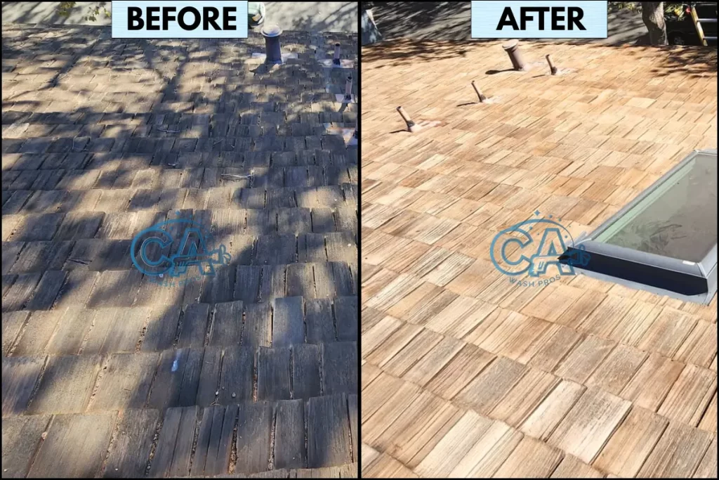 Wood shake roof cleaning service by CA Wash Pros.