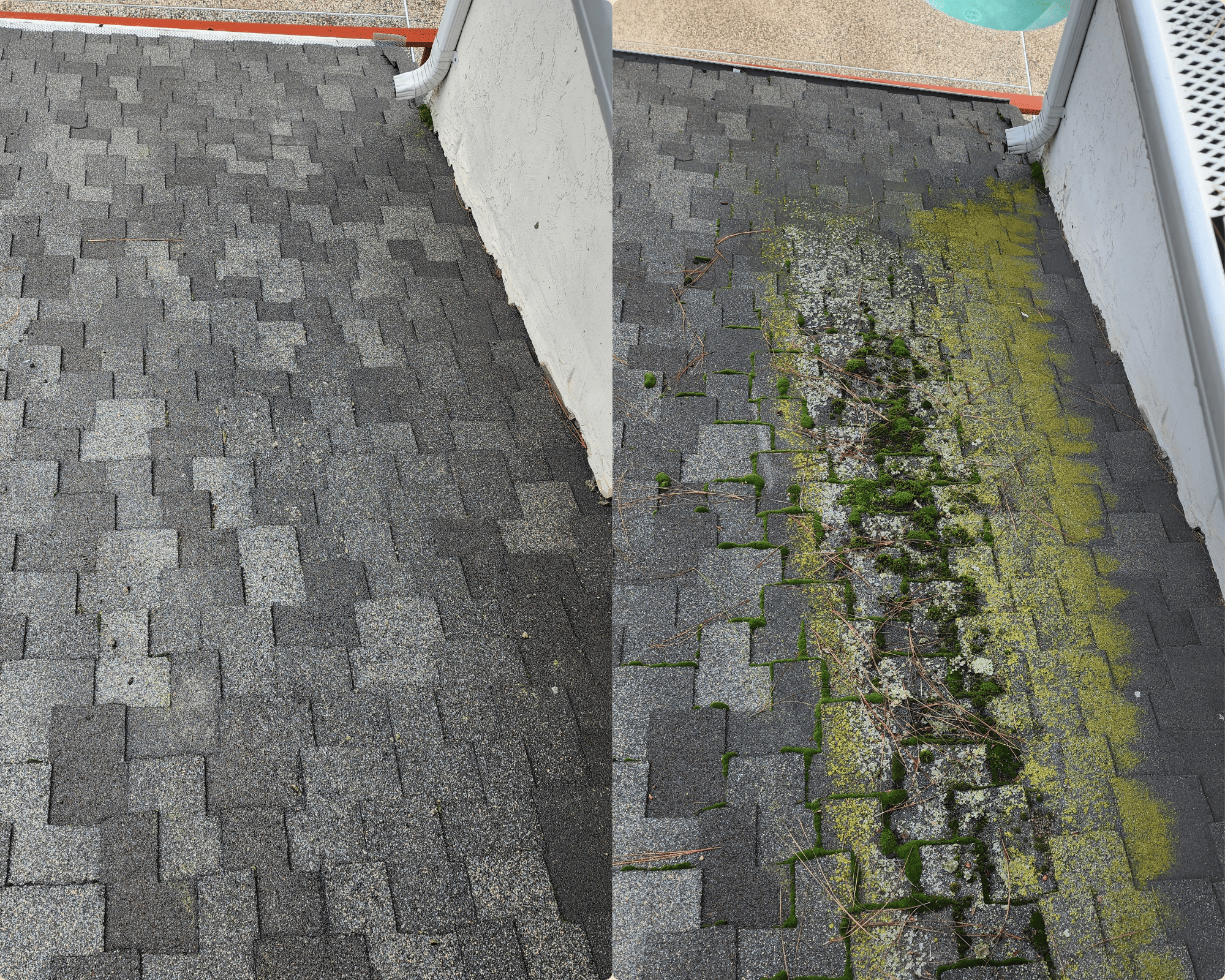 Before and after roof cleaning in San Jose, CA, removing moss and algae for a spotless roof.