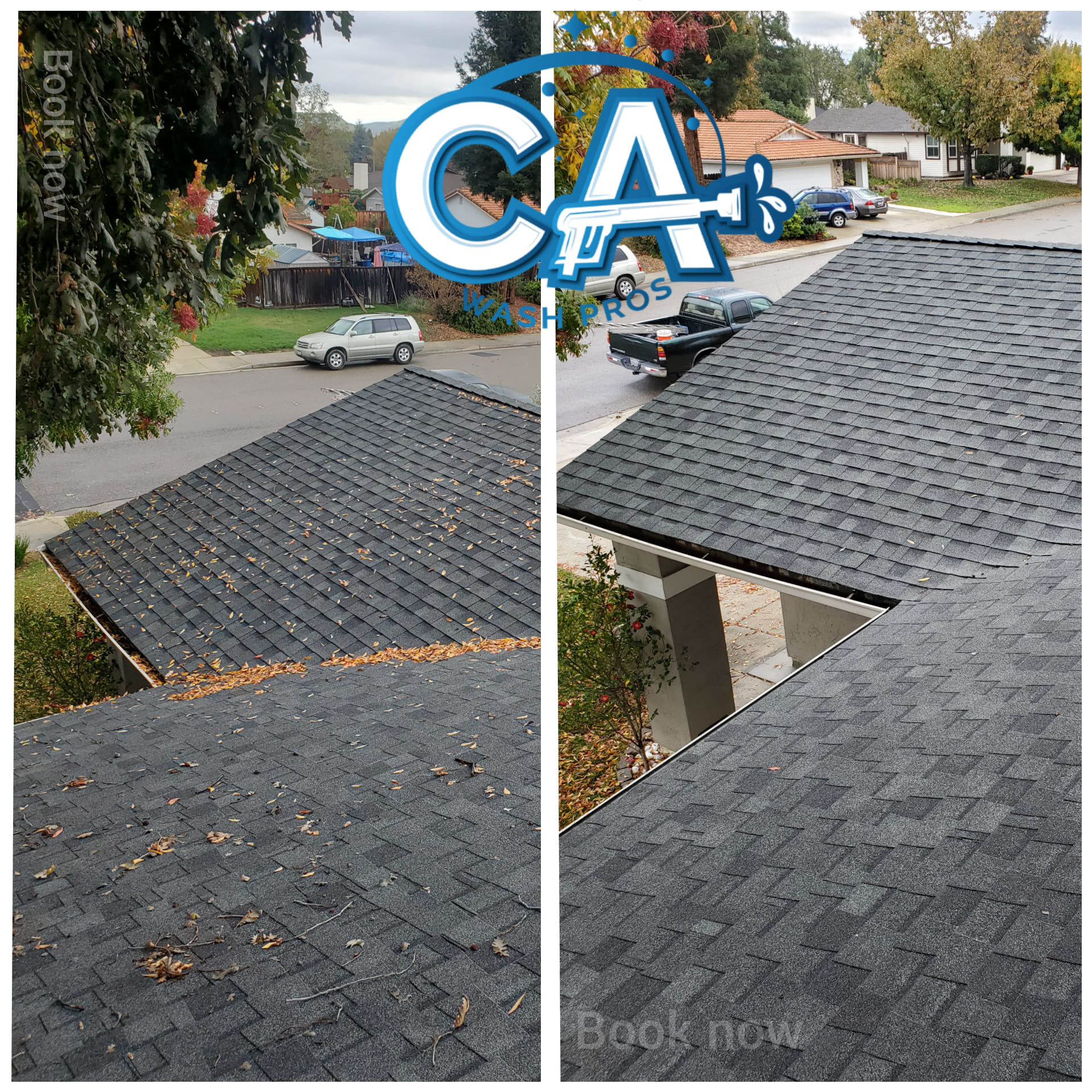 Before and after roof cleaning in San Jose, CA, clearing leaves and debris for a roof.