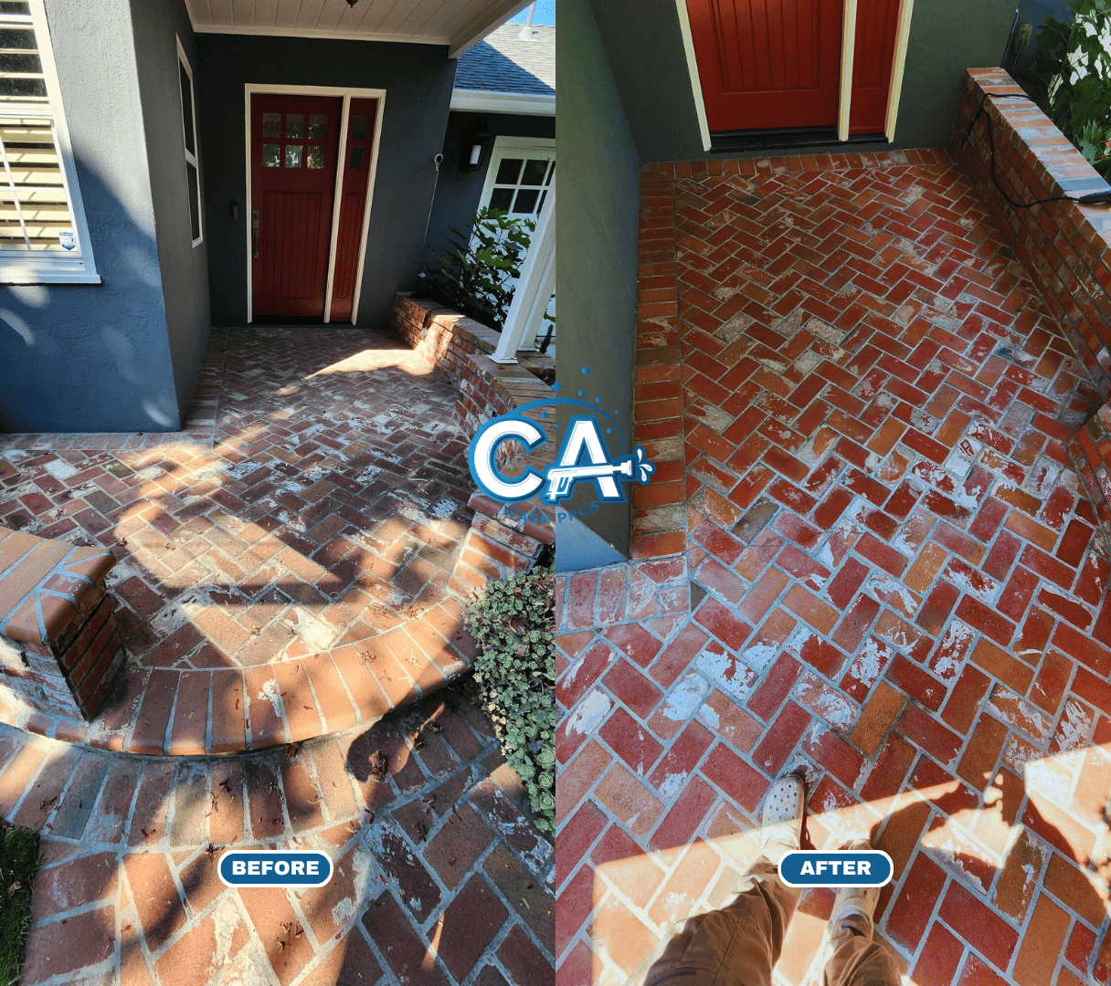 Pressure washing service cleaning a brick surface in Alameda, CA.