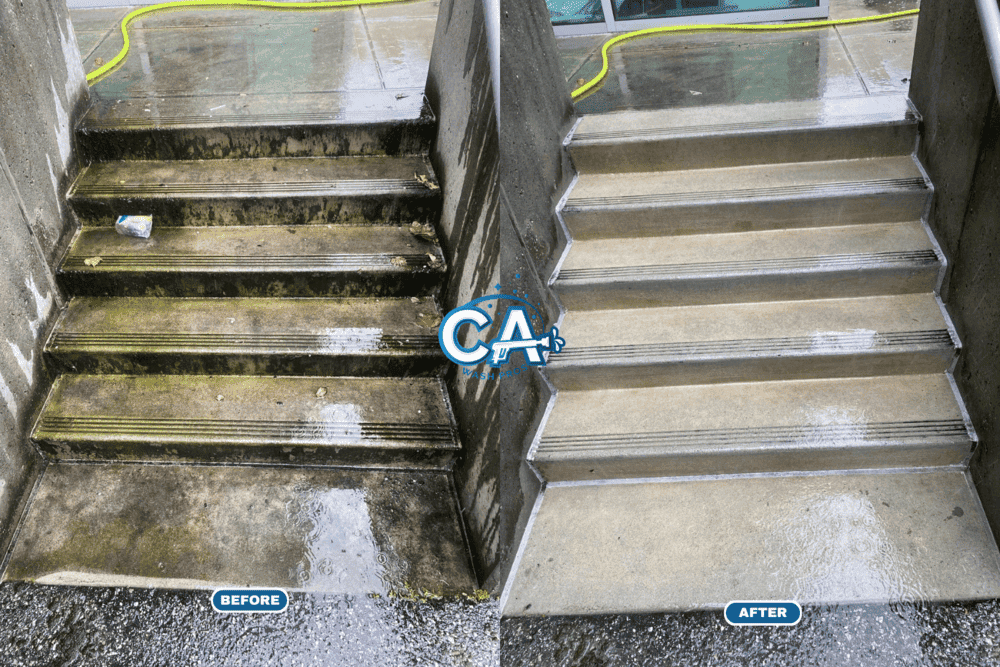 Pressure washing service brightening a stairs in Hayward.