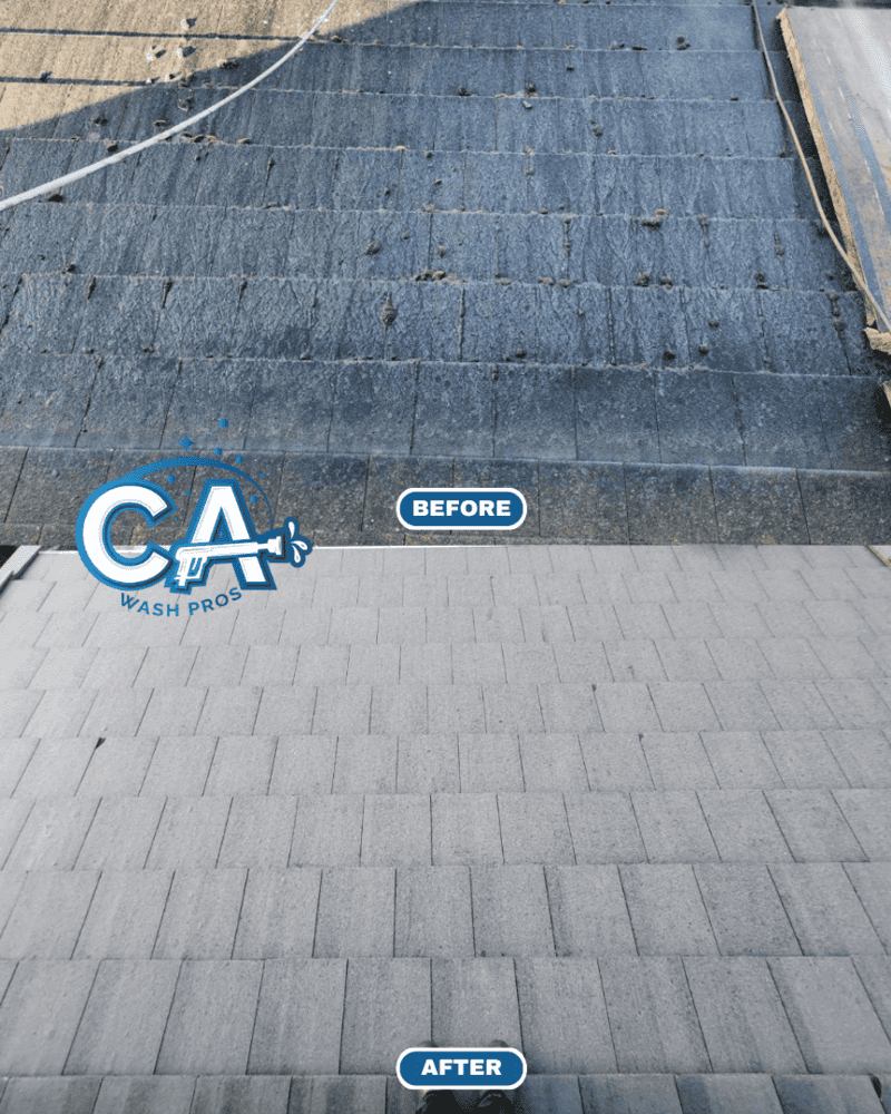 A top view of a home in Morgan Hill, showing a clear before and after comparison of a cleaned and uncleaned roof section.