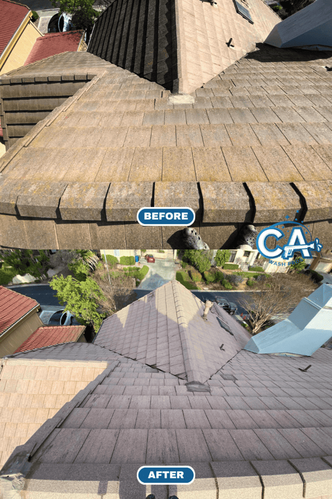 Roof in Pleasanton cleaned to remove heavy moss and algae buildup.