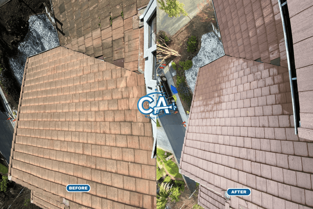 Before-and-after roof wash service improving a home's appearance in San Mateo.