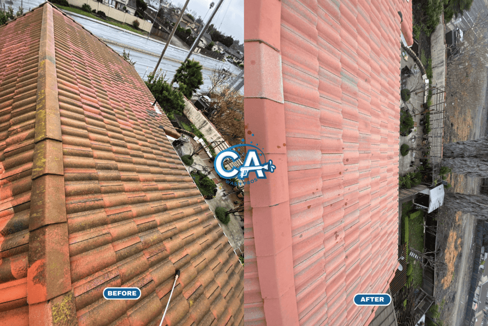 Roof in Santa Cruz cleaned to remove heavy moss and algae buildup.