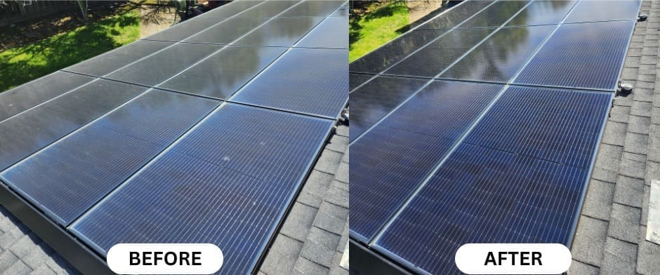 Dusty solar panels professionally washed for better performance in San Mateo, CA.