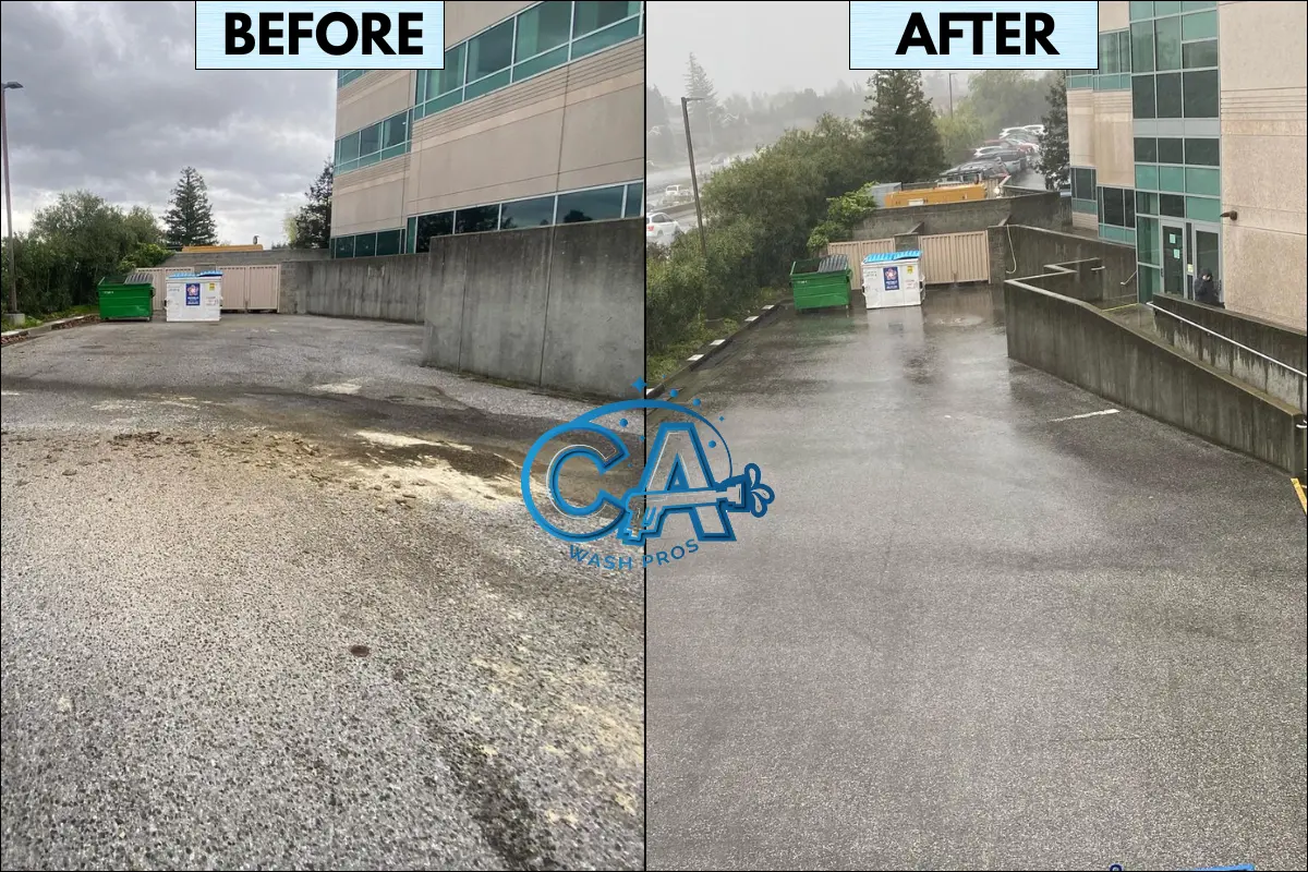 Results of CA Wash Pros power washing a commercial driveway in San Jose, CA.