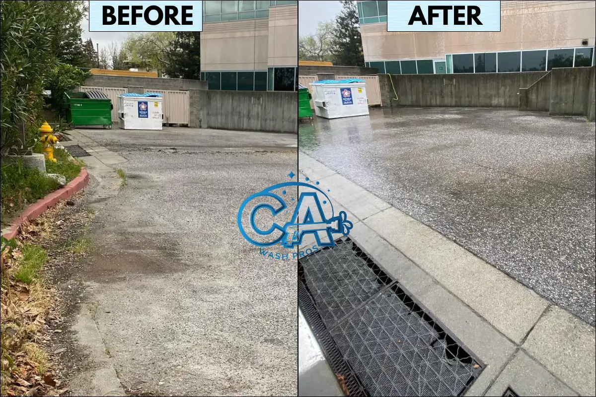 Results of commercial driveway pressure washing done by CA Wash Pros in San Jose, California.