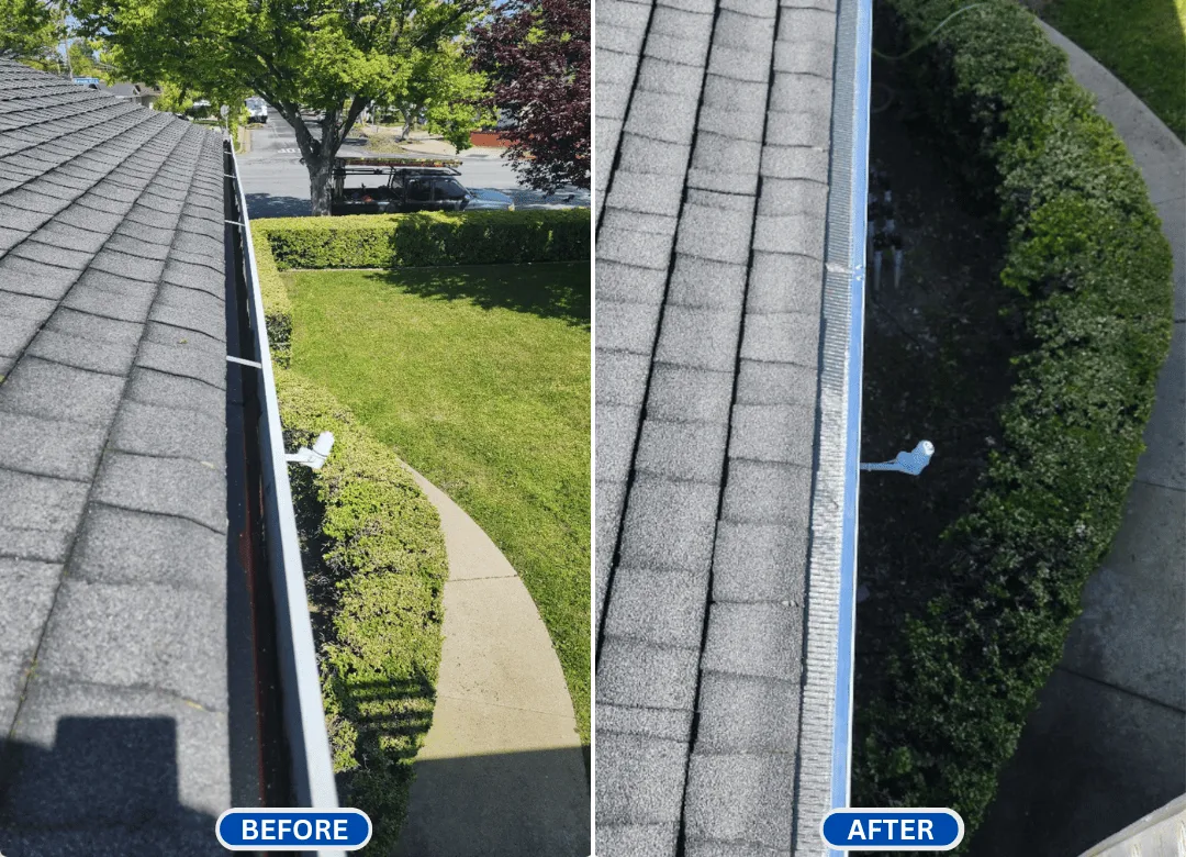 Results of a professional gutter guard installation service done by CA Wash Pros on a residential in San Jose, CA.
