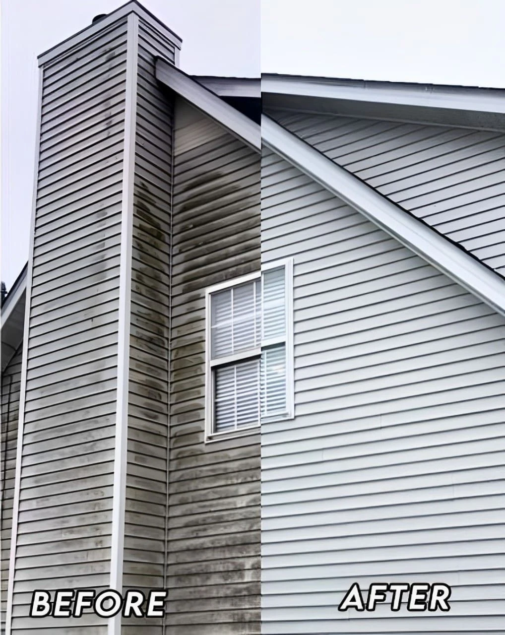Before and after of a house wash service in a siding of a residential home.