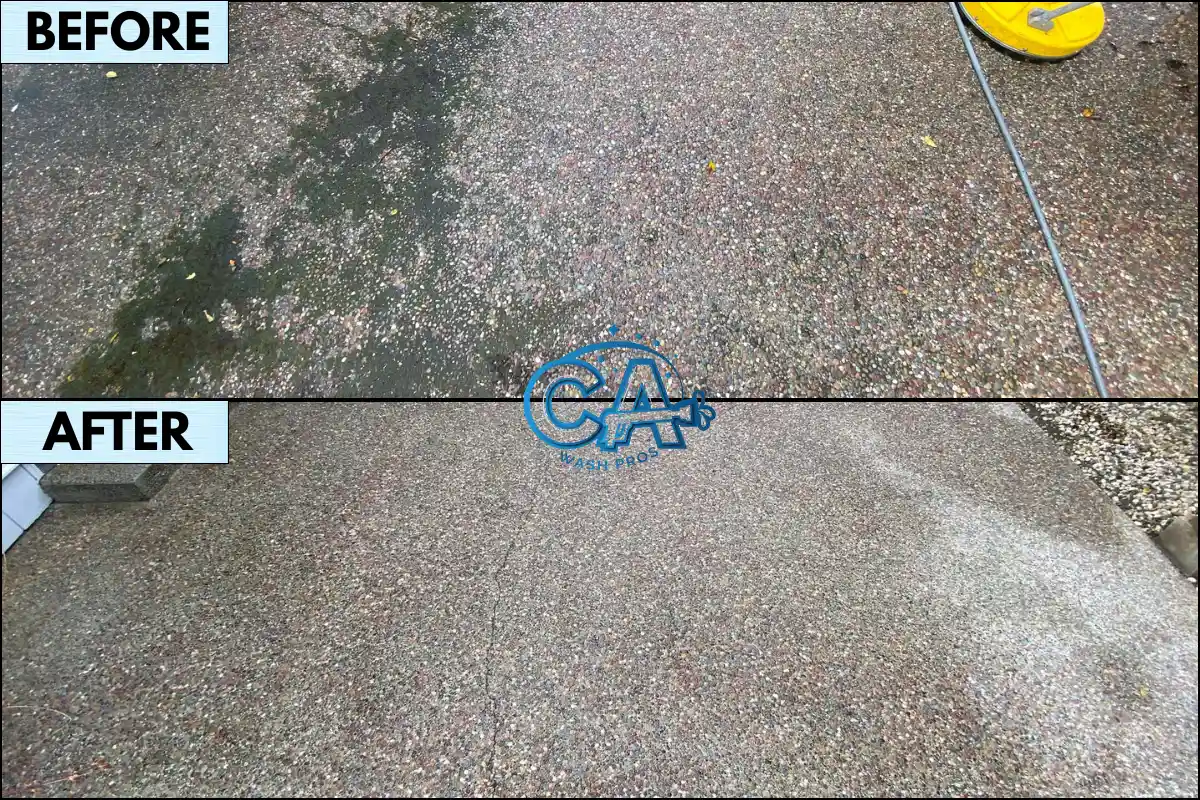 Before and after of patio pressure washing to remove moss and algae done by CA Wash Pros for a residential home in San Jose, California.