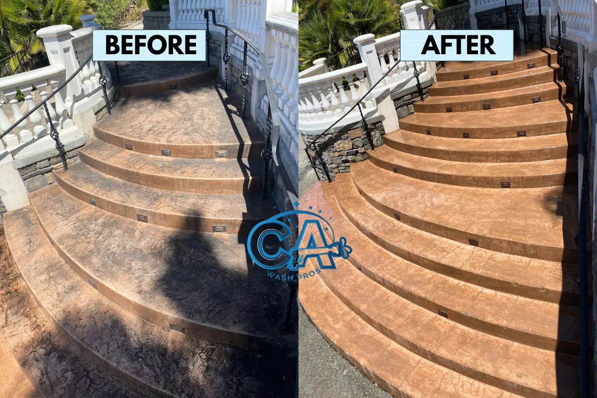 Before and after pressure washing results of the exterior stairs of a home in San Jose, CA completed by CA Wash Pros.