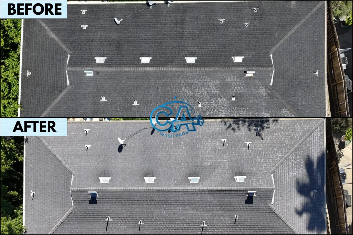 Aerial view of before and after results of a roof wash service done by CA Wash Pros in San Jose, CA.