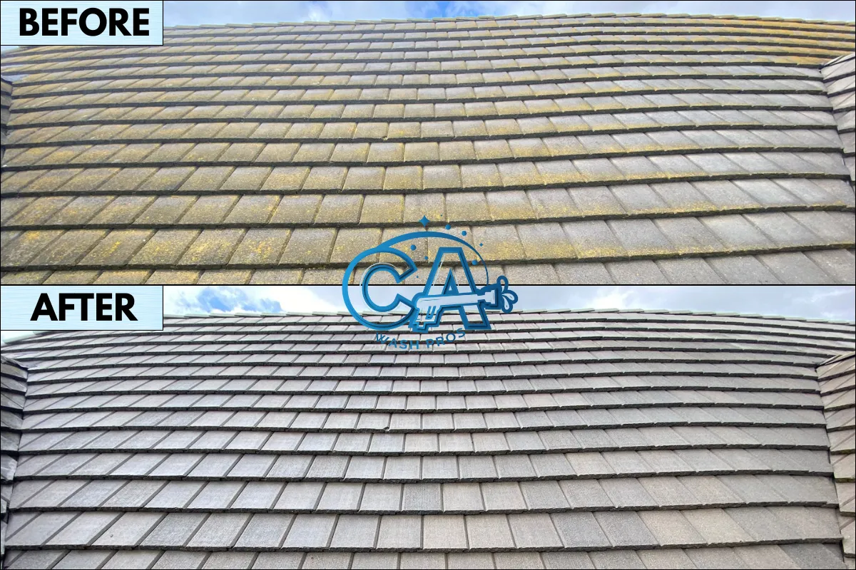 Before and after results of roof wash service completed by CA Wash Pros in San Jose, CA.