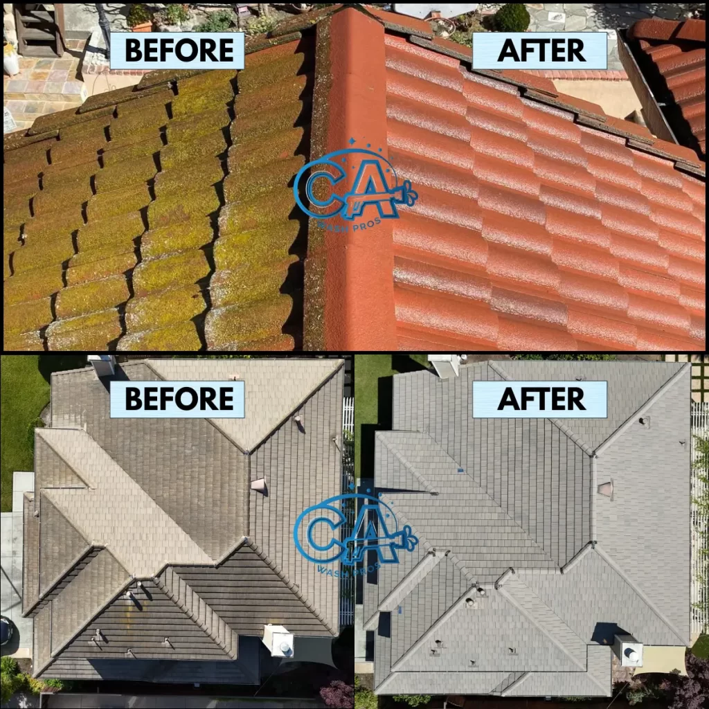 Collage of before and after roof wash services done by CA Wash Pros on a tiled roof and shingle roof.