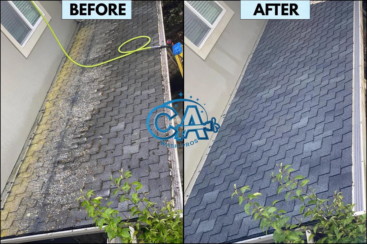 Before and after of a roof soft wash service for a shingle roof done by CA Wash Pros in San Jose, CA.