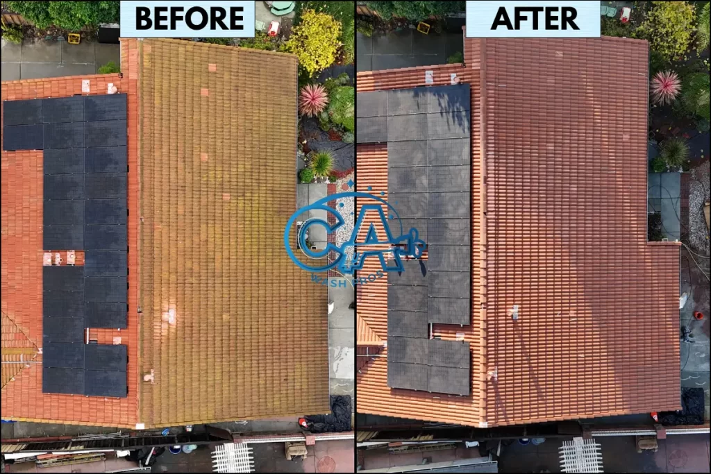 Before and after of roof pressure washing service by CA Wash Pros on a tiled roof in San Jose, CA.
