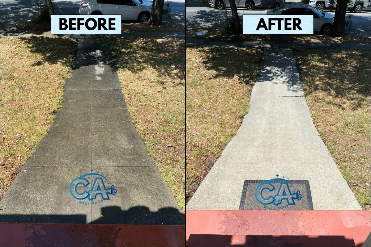 Before and after of walkway pressure washing for regular maintenance done by CA Wash Pros for a residential home in San Jose, California.