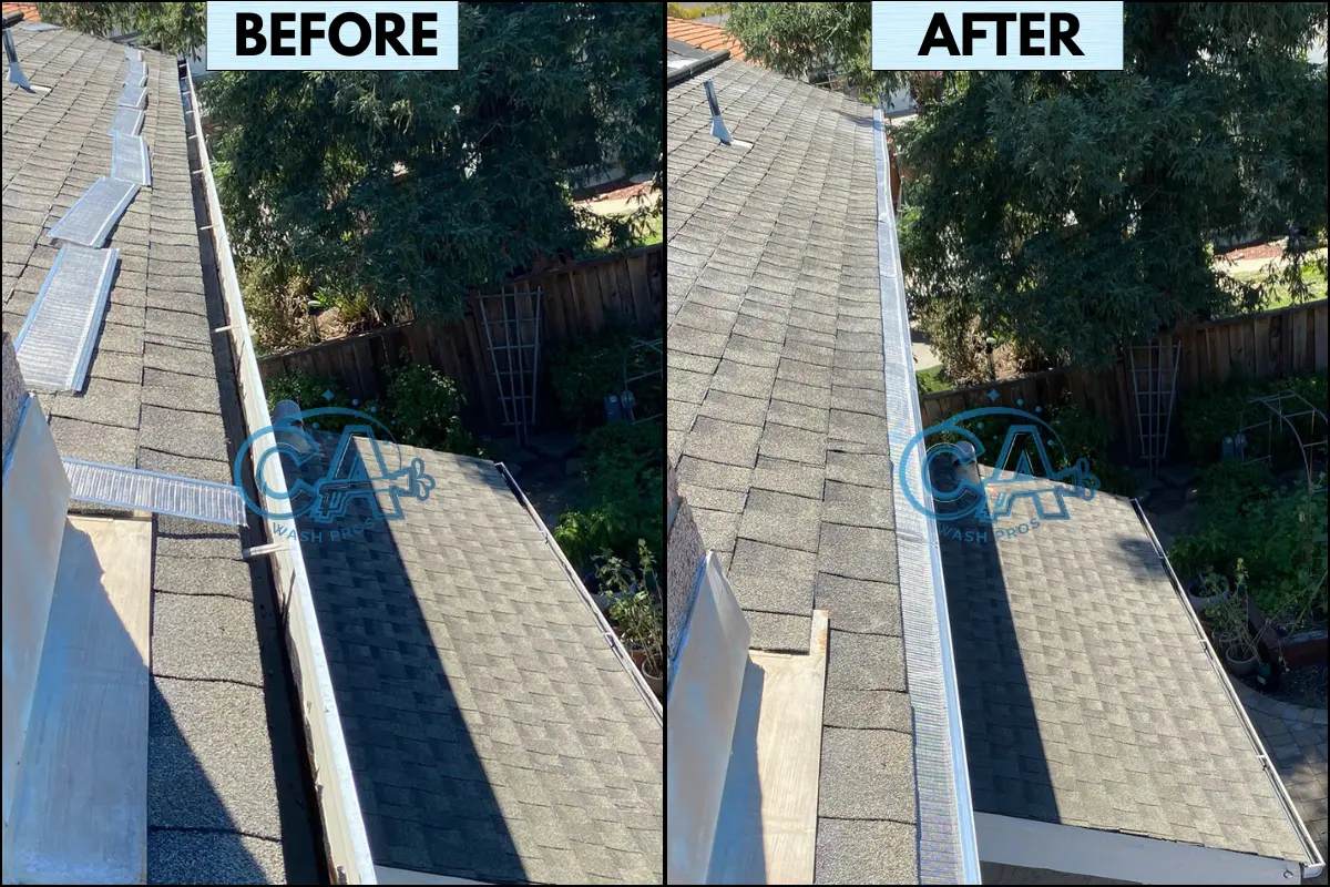 Gutters without gutter guards vs with gutter guards after gutter guard installation.