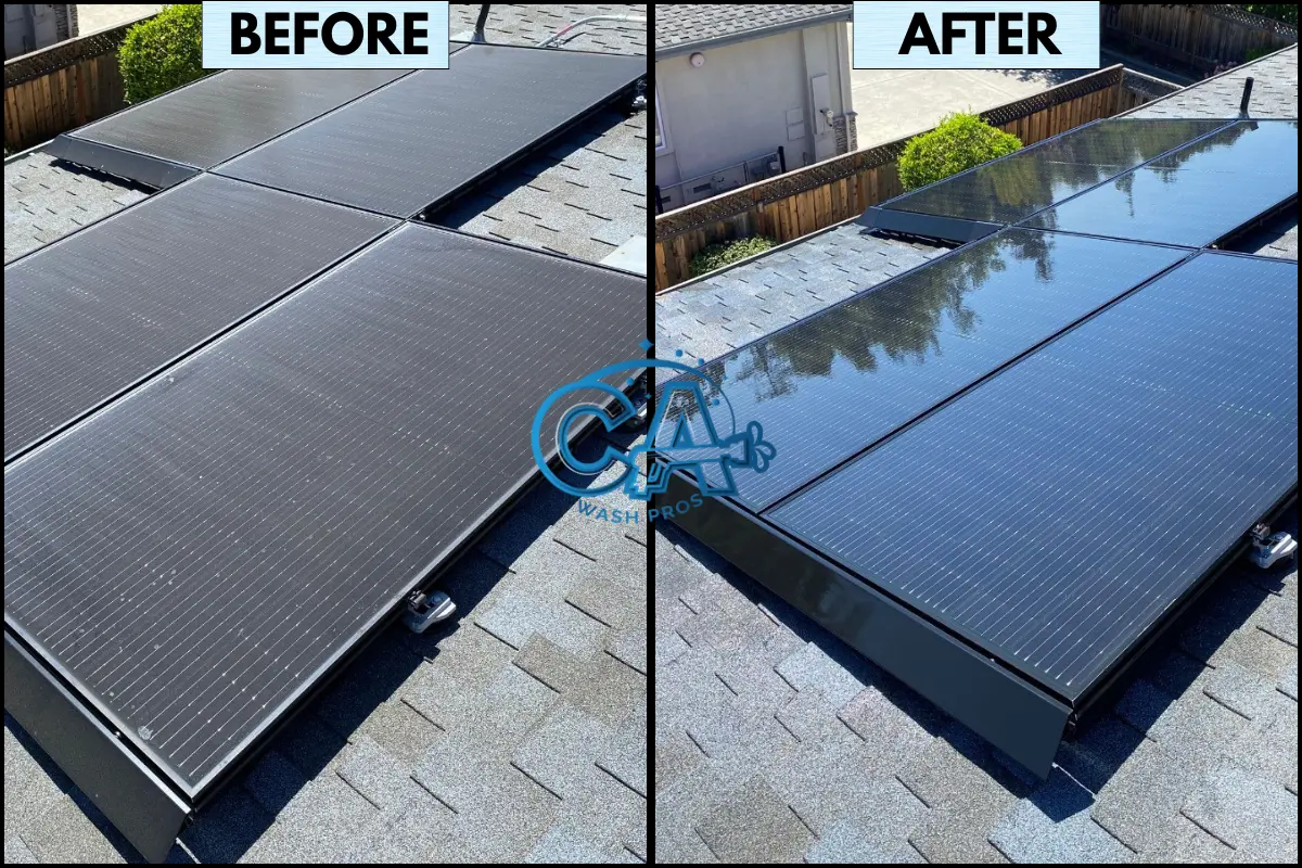 Results of solar panel cleaning service by CA Wash Pros show removal of dust and dirt buildup.