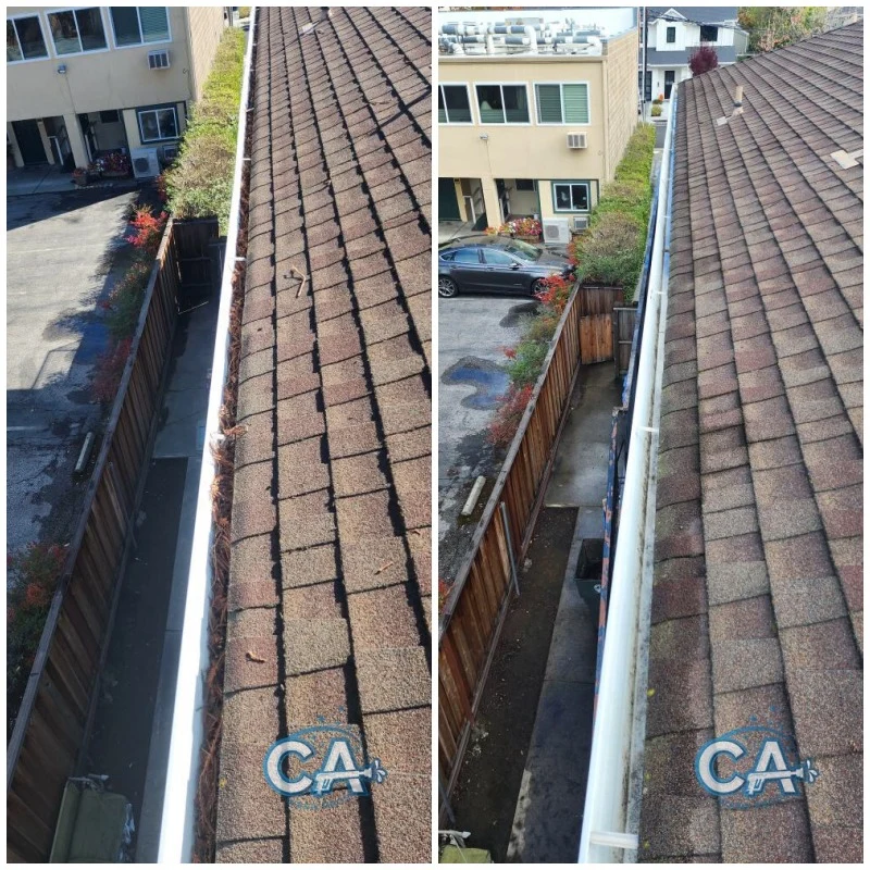 Before and after results of CA Wash Pros's gutter cleaning service in Fremont, CA
