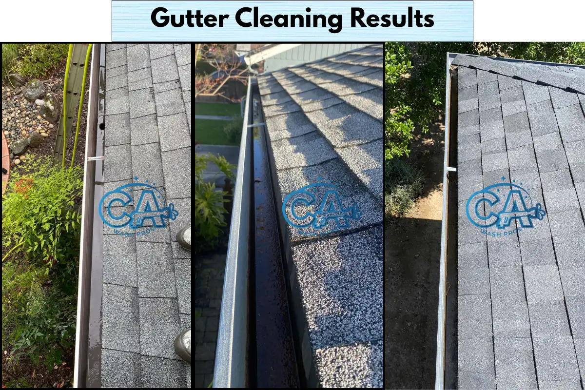 Collage of different gutters professionally cleaned by CA Wash Pros.