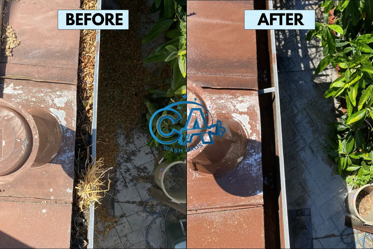 Before and after of CA Wash Pros gutter cleaning service by CA Wash Pros in Santa Clara, CA.