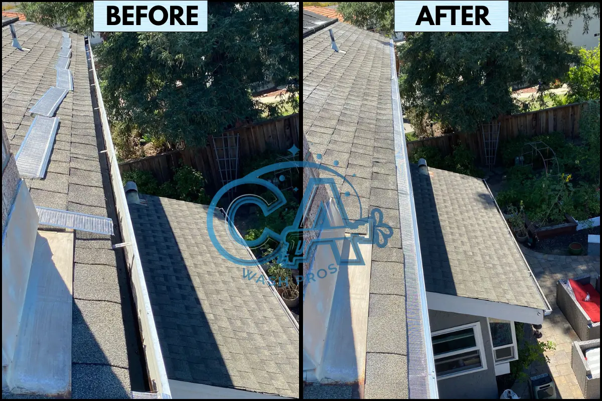 Before and after results of gutter guard installation by CA Wash Pros in San Jose, CA.