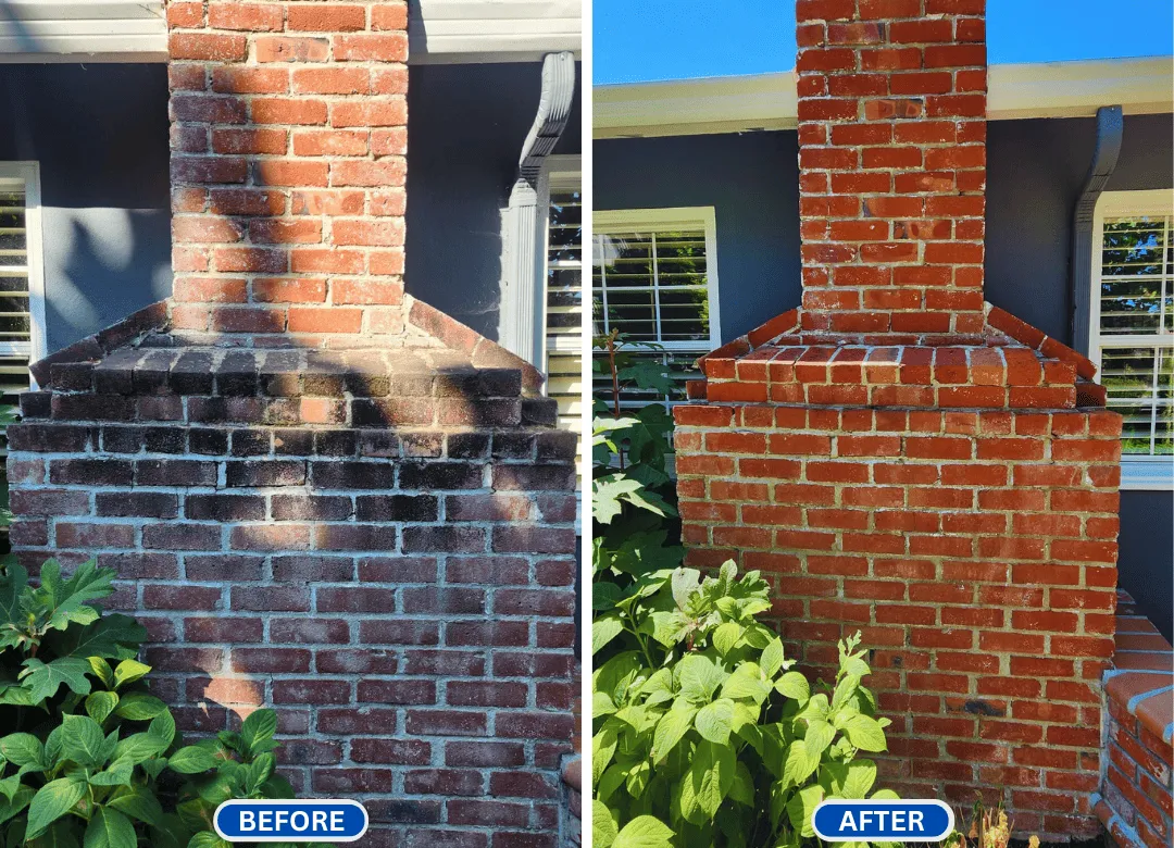 Results of house wash service by CA Wash pros on a brick siding to remove mold and dirt buildup.