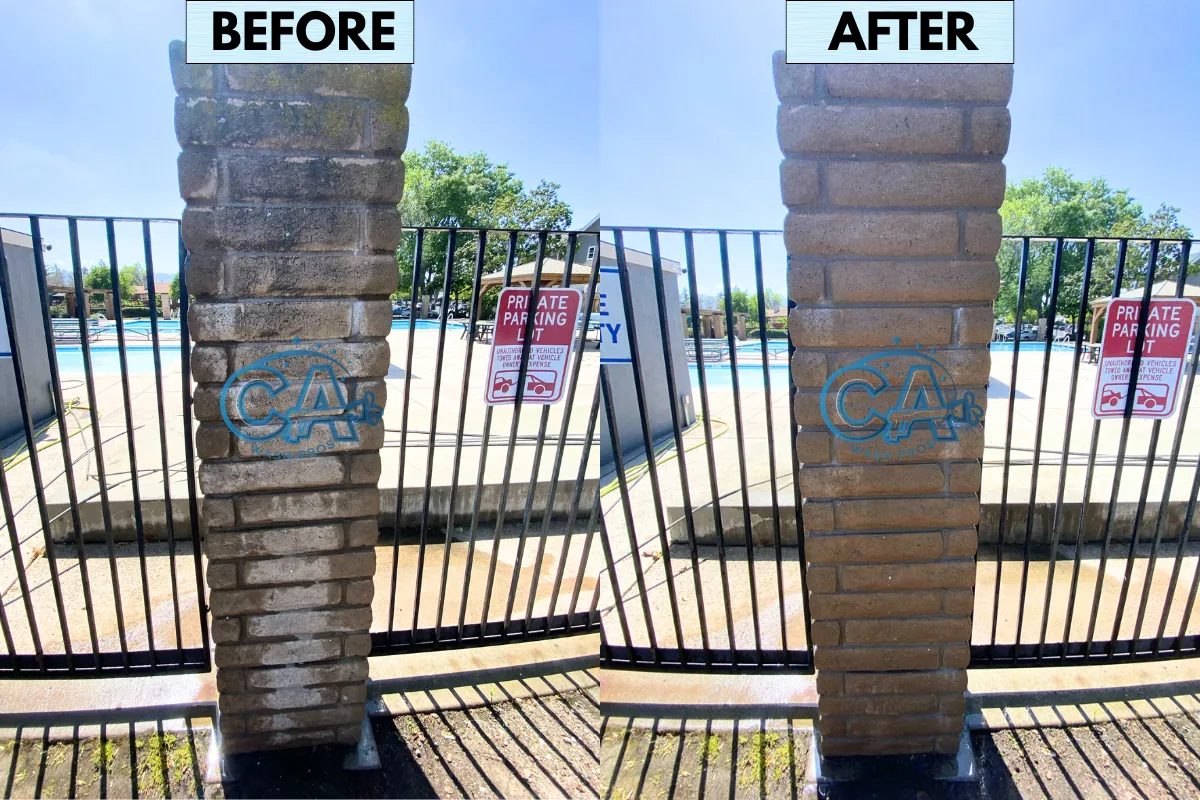 Pressure washing concrete posts in a community pool in San Jose, CA to remove mold and mildew buildup.