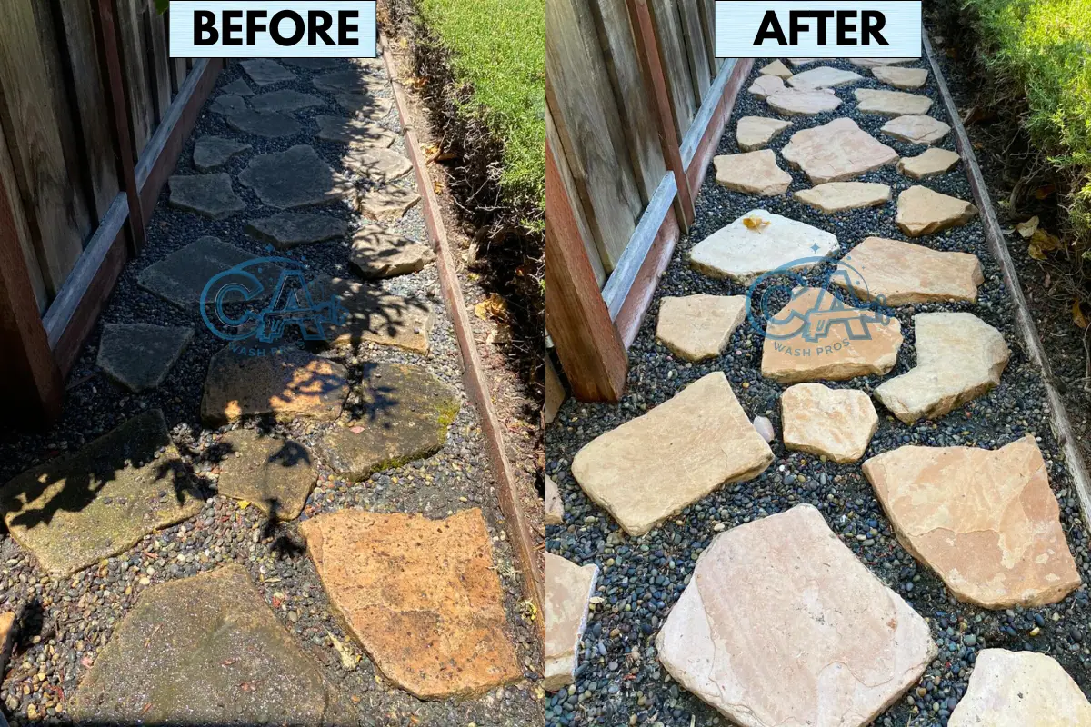 Results of pressure washing flagstone in San Jose, CA.