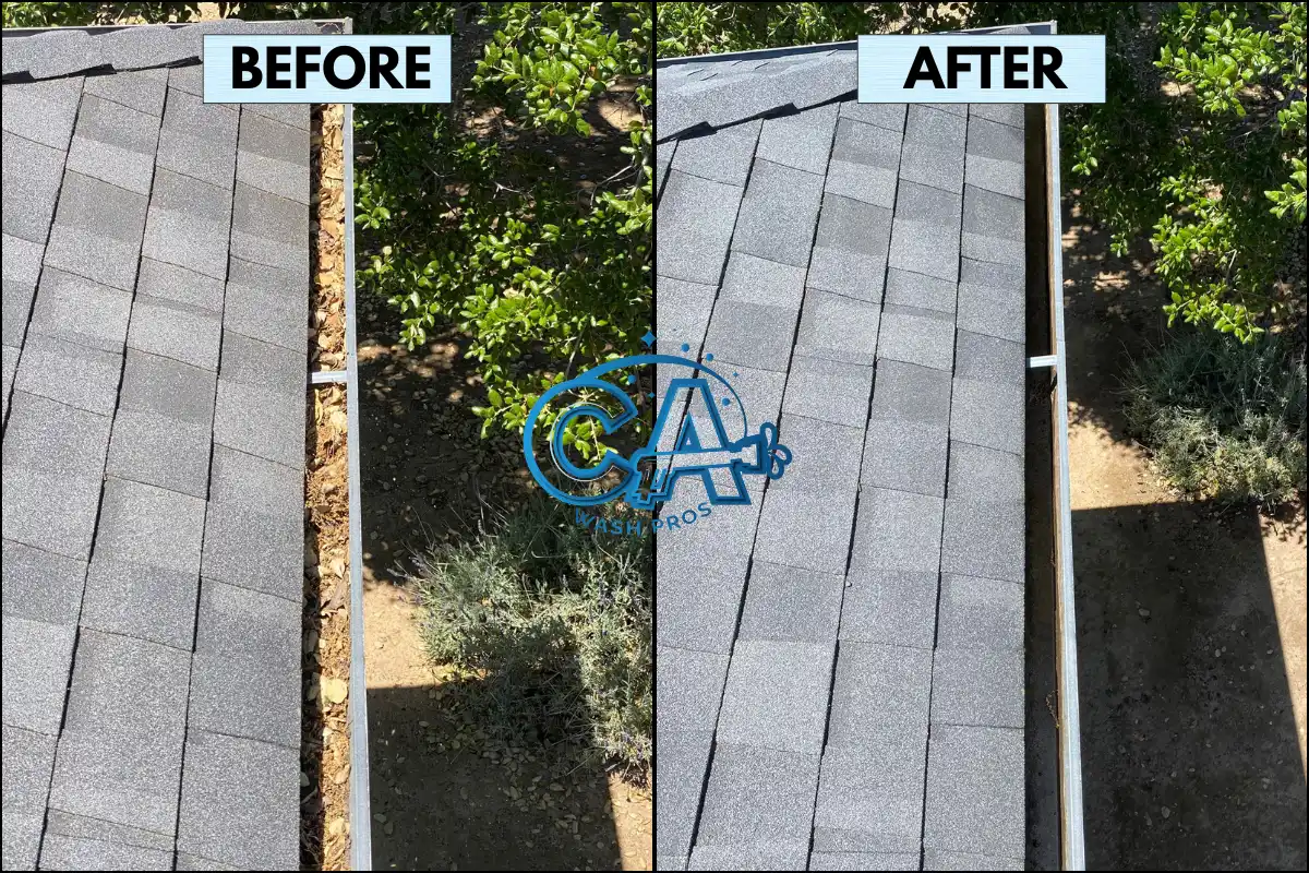 Expert gutter cleaning service on a residential home in Fremont, CA completed by CA Wash Pros.