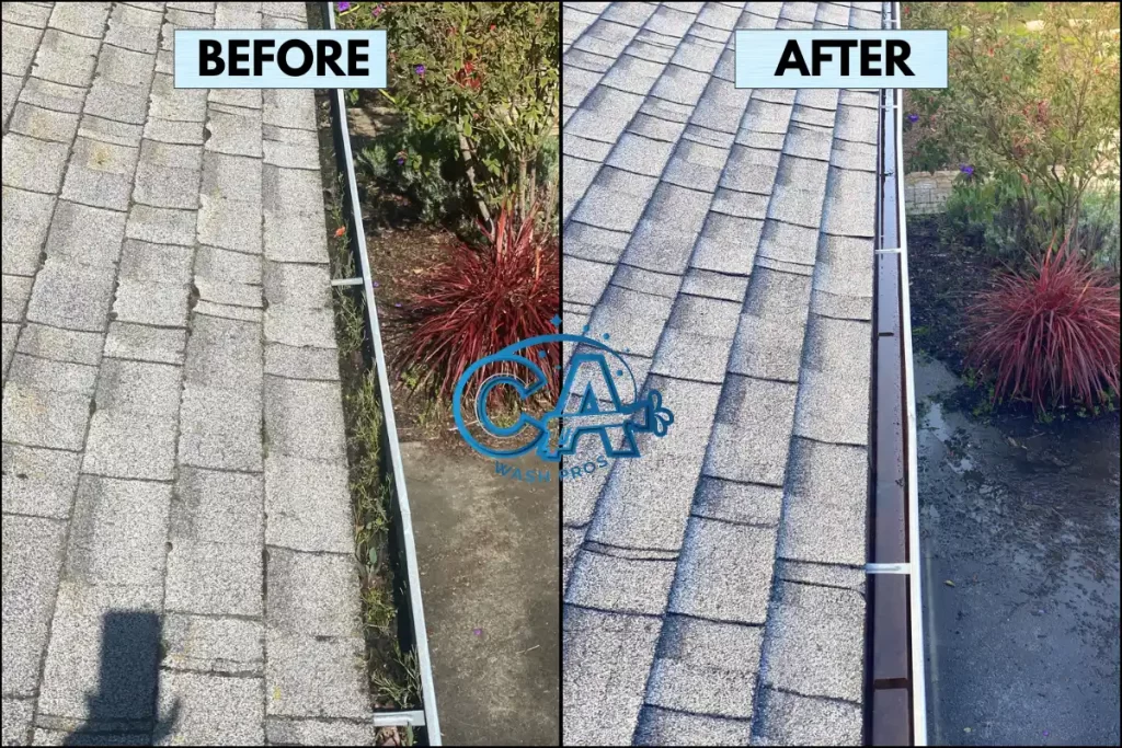 Before and after results of professional gutter cleaning by CA Wash Pros.