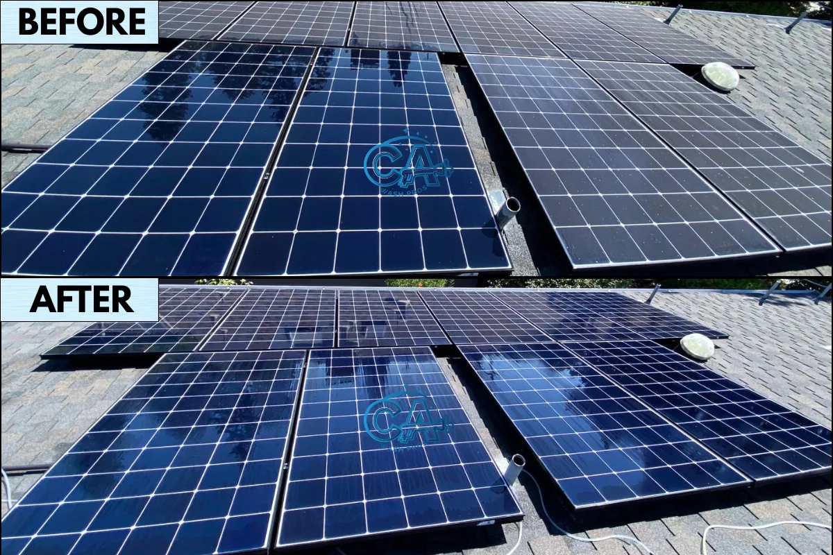 Results of solar panel cleaning service in Santa Clara by CA Wash Pros show dust and dirt buildup been thoroughly removed.