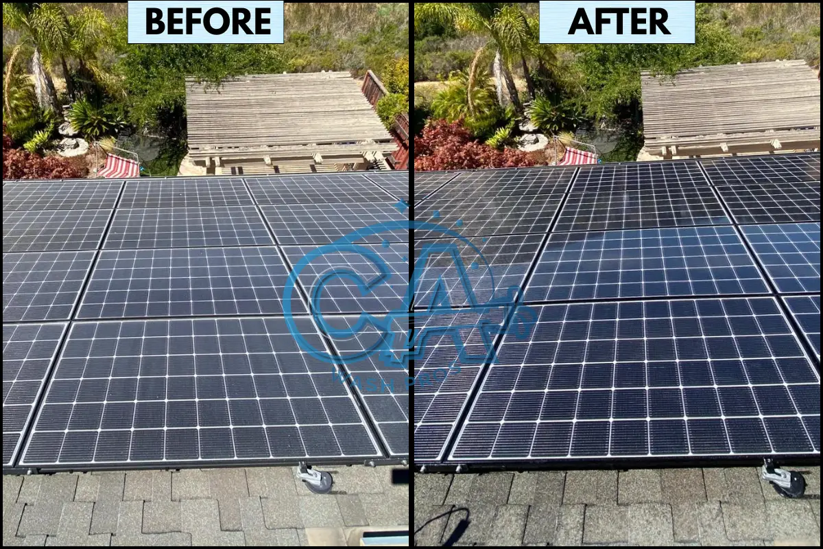 Before and after of professional solar panel cleaning completed by CA Wash Pros.
