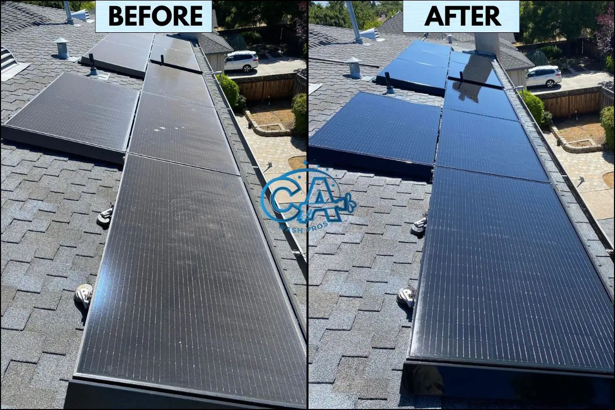 Solar panel cleaning service in Santa Clara CA shows big difference between dirty panels and clean panels.