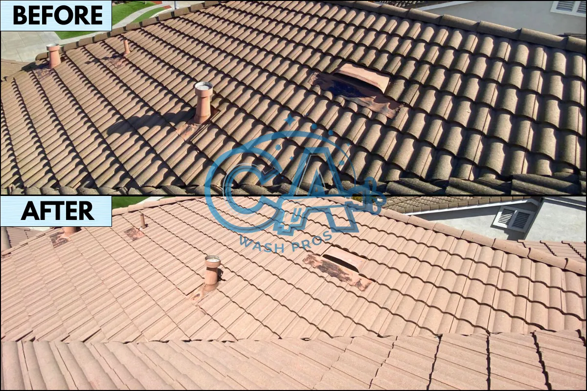 Results of roof pressure washing service in Fremont, CA.