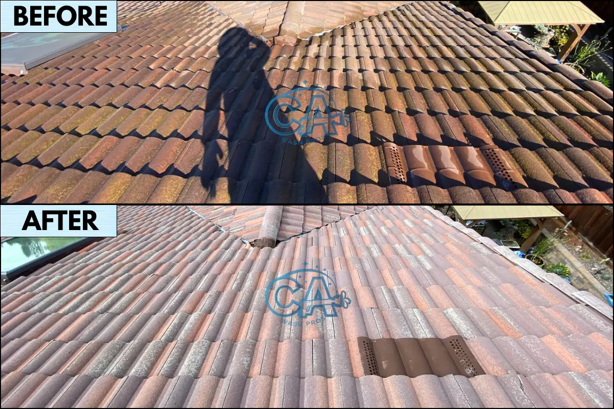Before and after results of professional roof cleaning service by CA Wash Pros completed on a tiled roof in Campbell, CA.