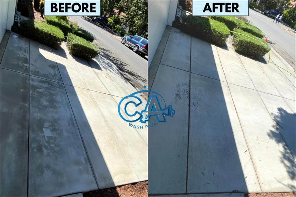 Before and after results of professional driveway pressure washing by CA Wash Pros.