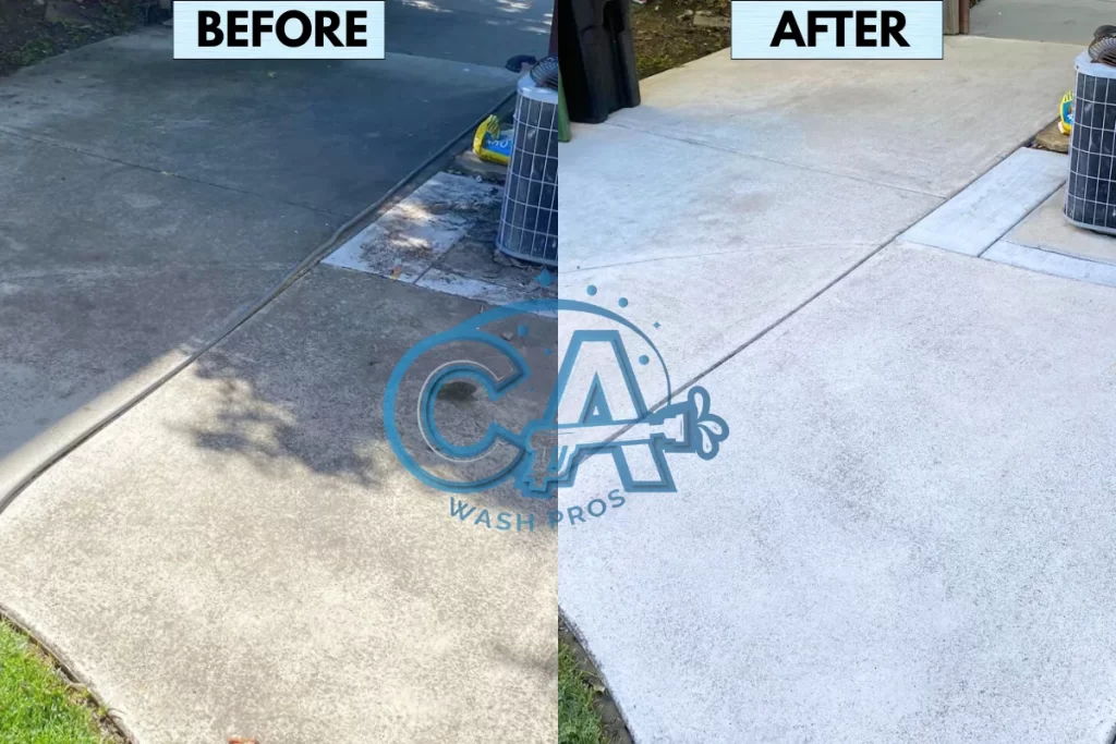 Professional driveway cleaning service results by CA Wash Pros showing enhanced driveway after cleaning.
