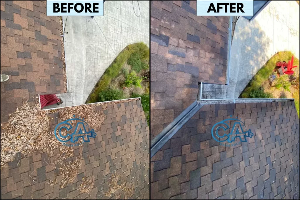 Professional gutter cleaning service by CA Wash Pros showing removal of leaves and debris from the gutters and roof.