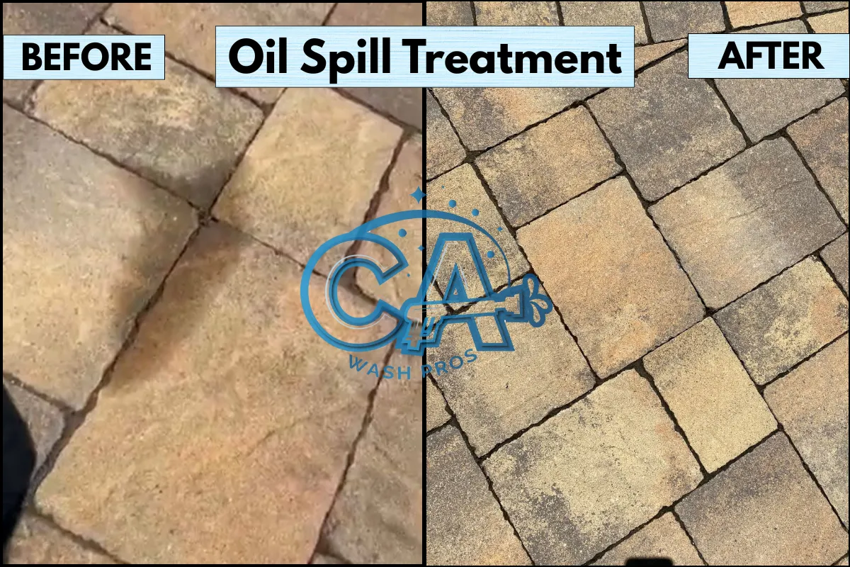 Oil spill treatment by CA Wash Pros on a paver driveway.