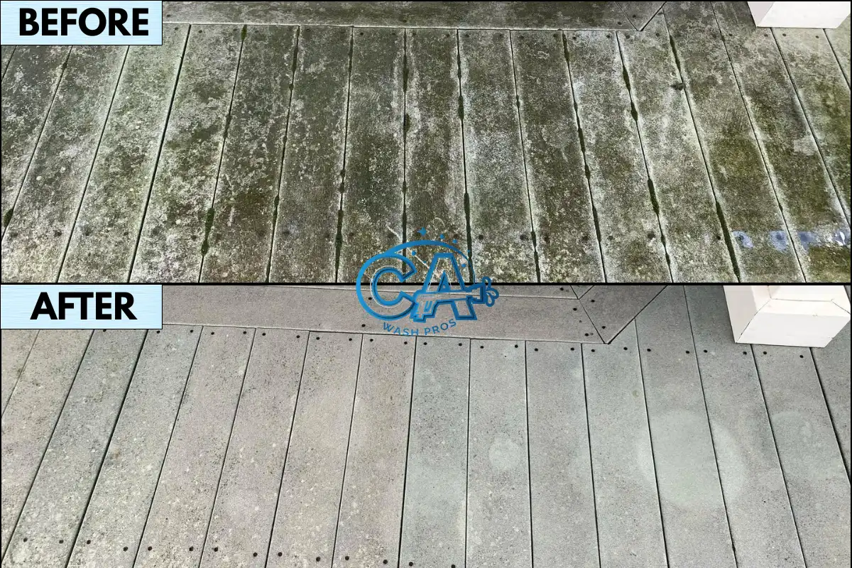 Before and after results of professional patio pressure washing service by CA Wash Pros in Los Gatos, CA.