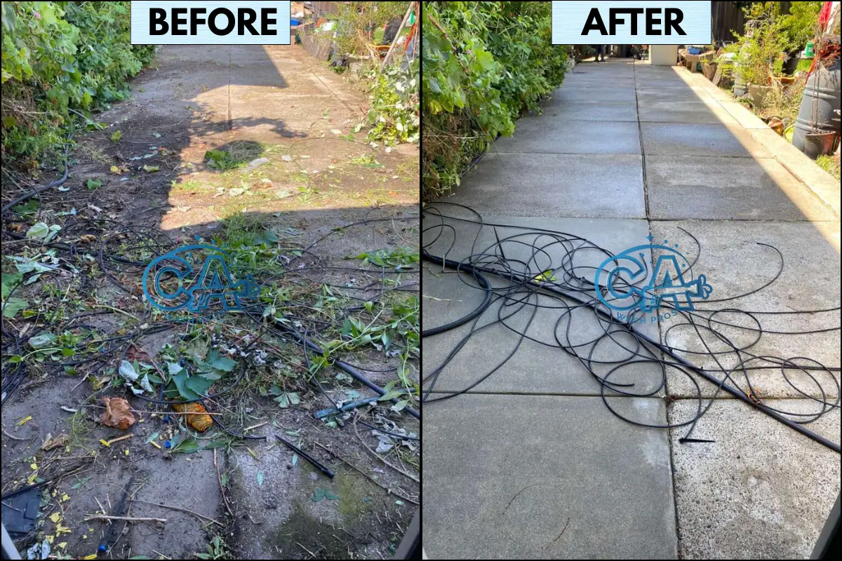 Before and after results of professional patio pressure washing service by CA Wash Pros in Milpitas, CA.