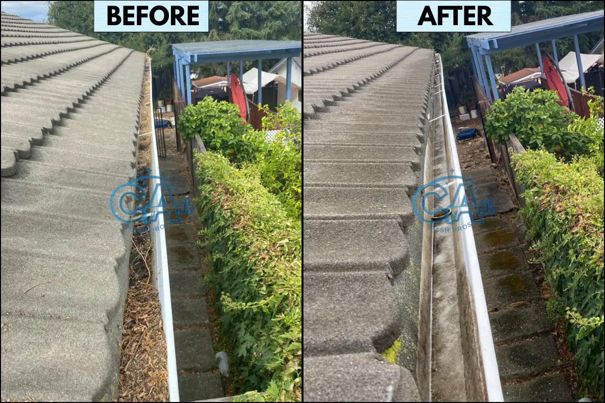 Professional gutter cleaning service completed by CA Wash Pros showing thorough leaves and debris removal to restore proper rainwater drainage.
