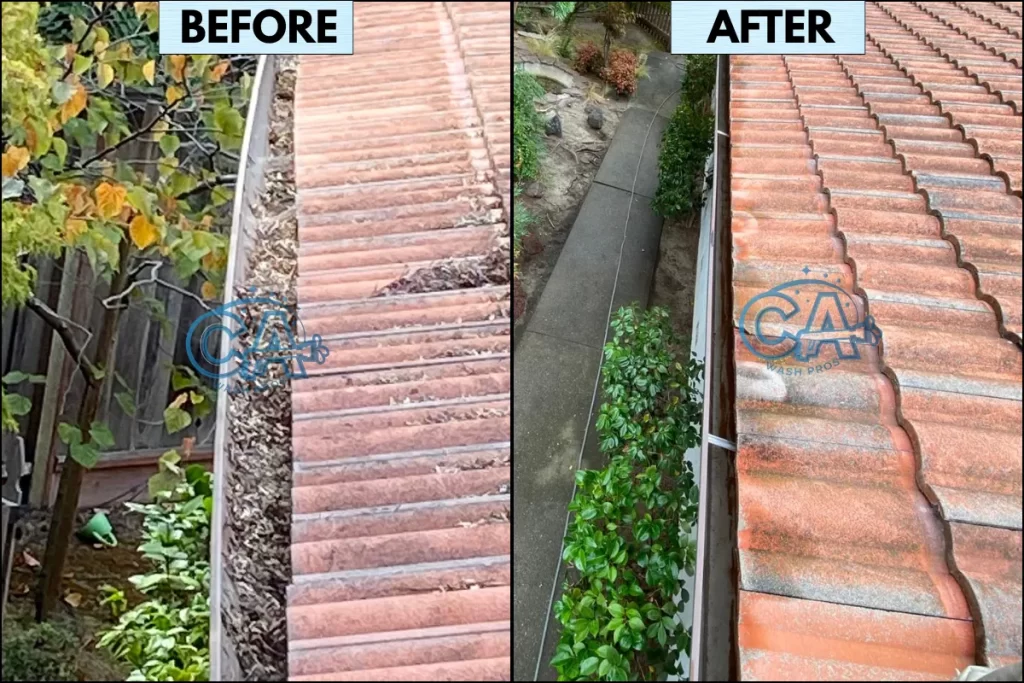 Professional gutter cleaning service completed by CA Wash Pros showing thorough leaves and debris removal.