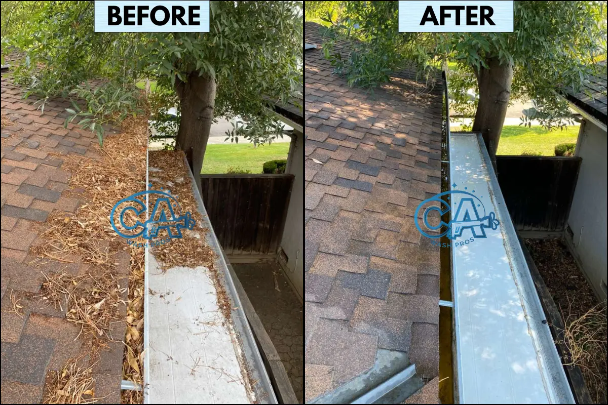 Before and after results of professional gutter cleaning service by CA Wash Pros.